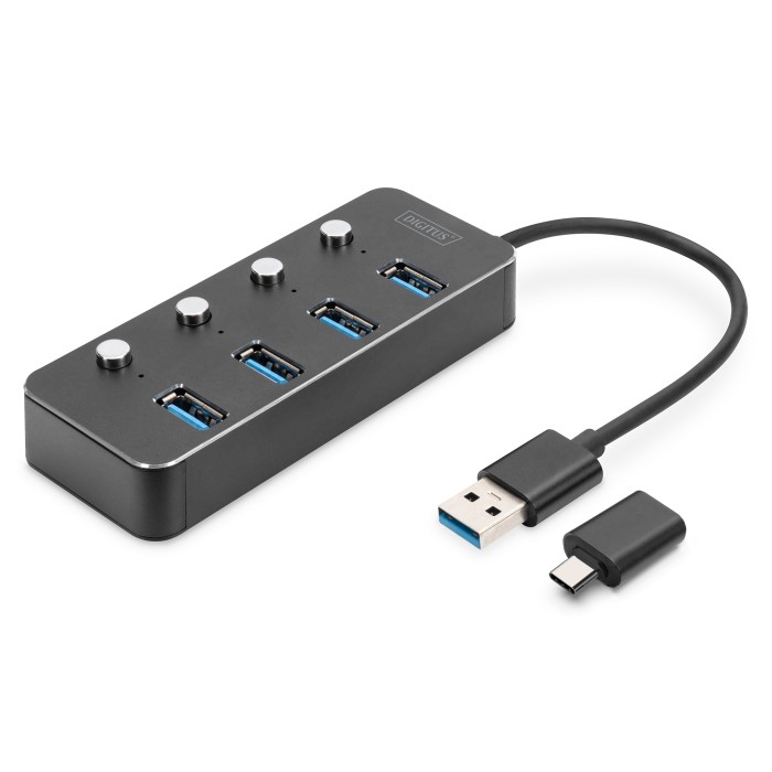 DIGITUS Hub USB 3.0, 4 porte, attivabile, alloggiamento in alluminio