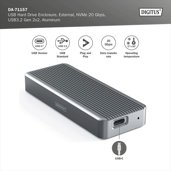 DIGITUS Alloggiamento per disco rigido USB M.2, SSD, esterno, NVMe , 20Gbps, USB 3.2 Gen2x2, alluminio, incl. materiale di fissaggio