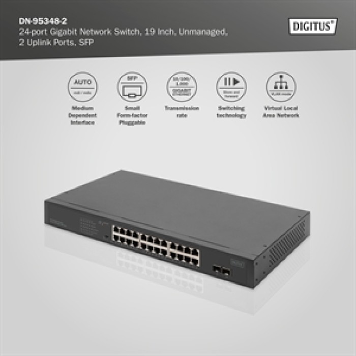 DIGITUS Switch di rete Gigabit a 24 porte, 19 pollici, non gestito, 2 porte uplink, SFP