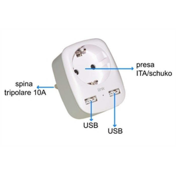 ADATTATORE MULTIPRESA DA MURO SPINA ITALIANA 10A CON 2 PORTE USB E UNA PRESA 2 POLI